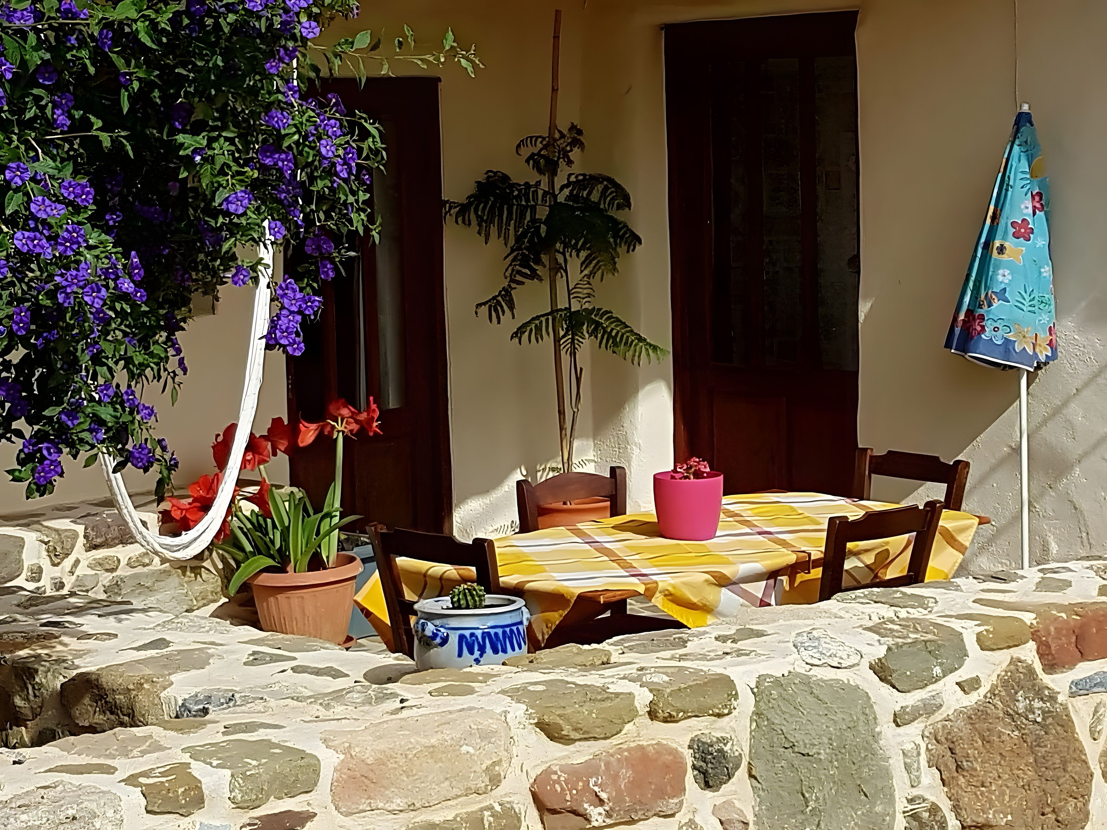 Een terras buiten met een stenen vloer, een tafel met stoelen, potplanten en een blauwe parasol.
