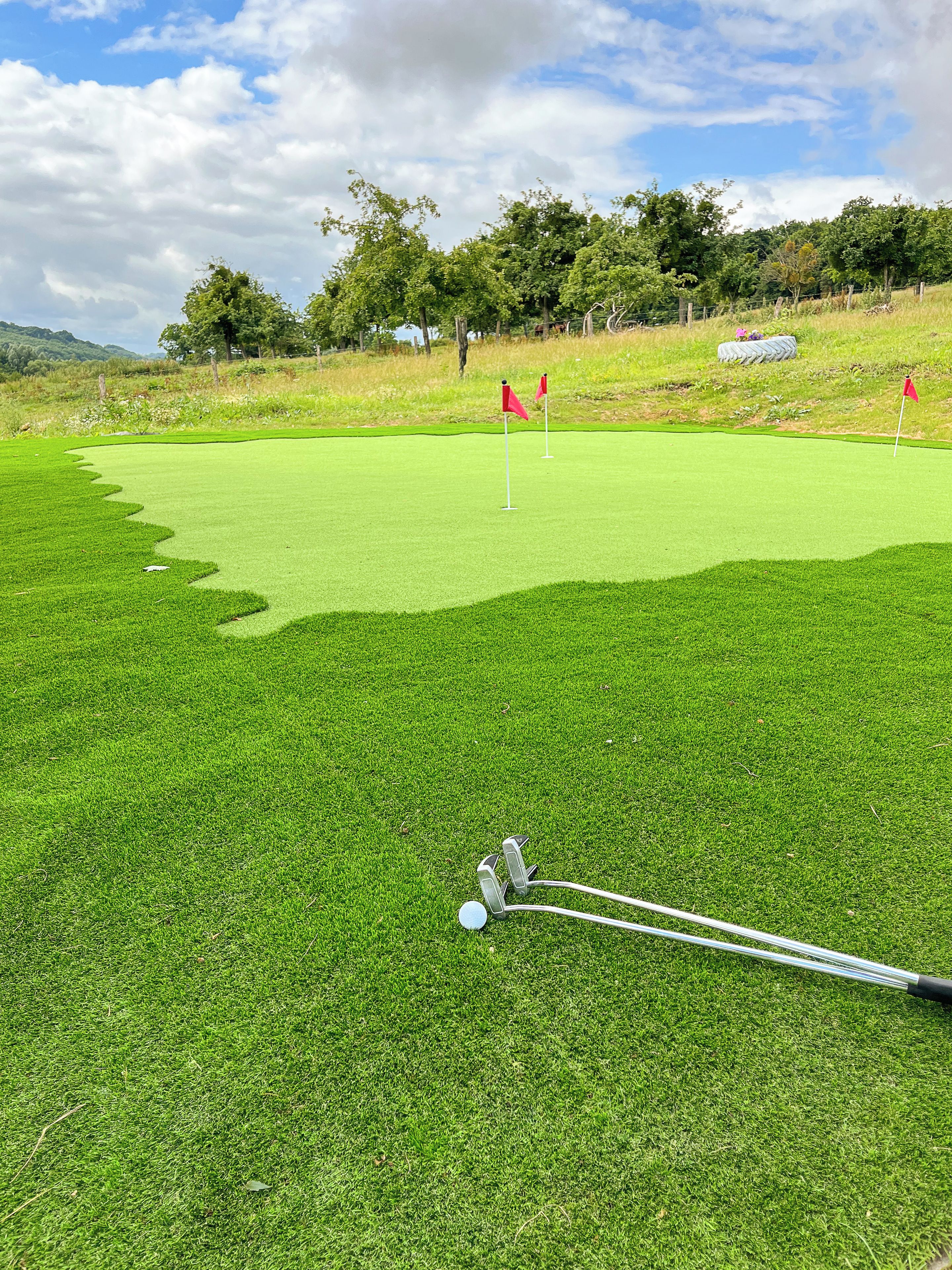 Ein Golfplatz mit Putting Green, Fahne und Golfschläger.