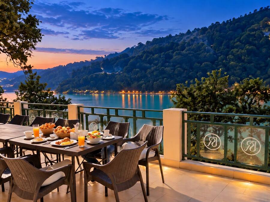Un área de comedor al aire libre con una mesa dispuesta para el desayuno, con vistas a un lago y colinas.