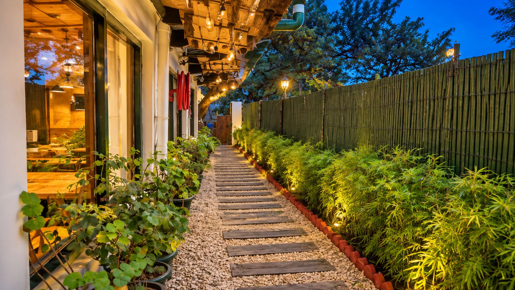 Un sendero bordeado de plantas y una valla de madera que conduce a un edificio con terraza.
