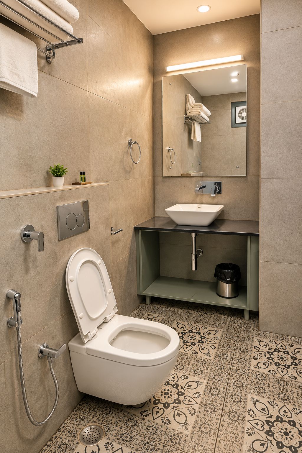 Een moderne badkamer met toilet, wastafel en douche.