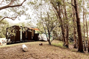 A rustic cabin with a covered porch, surrounded by trees and a grassy area.