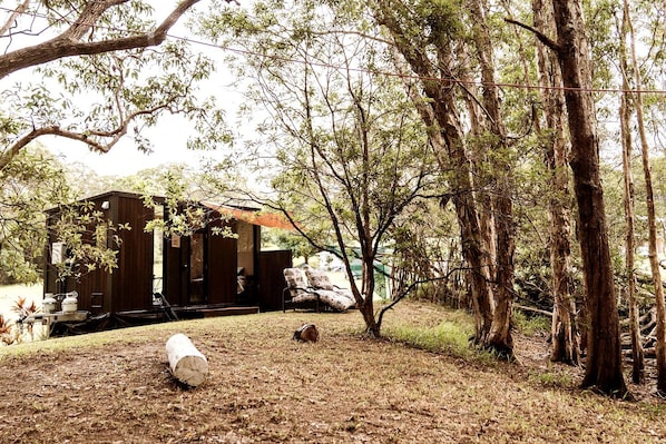 A rustic cabin with a covered porch, surrounded by trees and a grassy area.