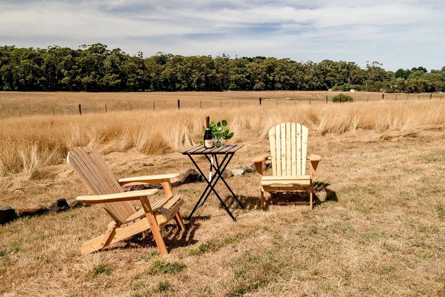 Dos sillas Adirondack y una mesa pequeña con una botella y un vaso en un campo de césped, con una cerca y árboles al fondo.