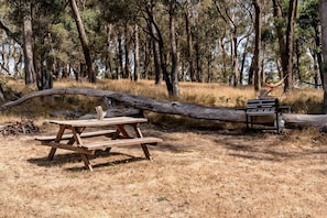 A picnic table with a grill in a forested area.