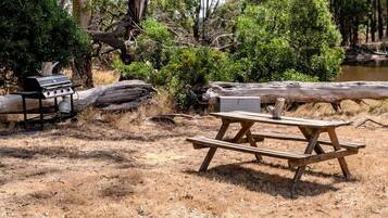 A picnic table and a barbecue grill in a natural setting with trees and a log.