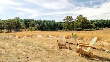 A rural outdoor setting with a wooden chair and a table, surrounded by dry grass and trees.