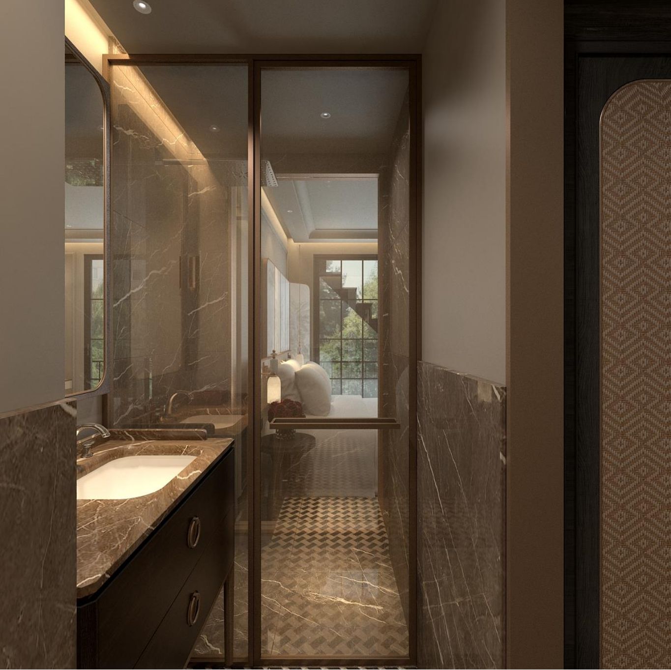 A modern bathroom with a marble vanity, a glass shower enclosure, and a view of a balcony.