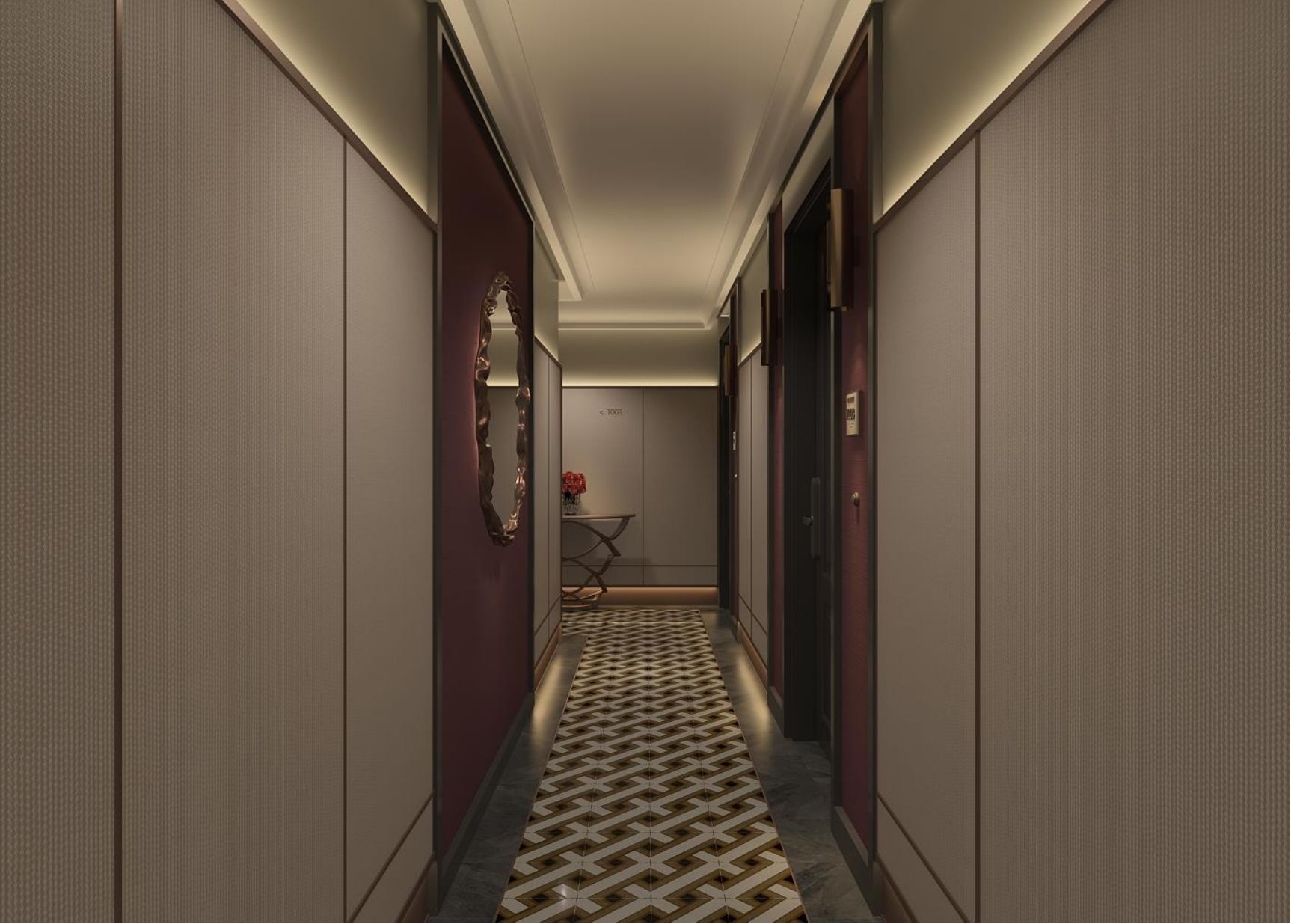 A hallway with a patterned carpet, a door with a mirror, and a small table with a vase.