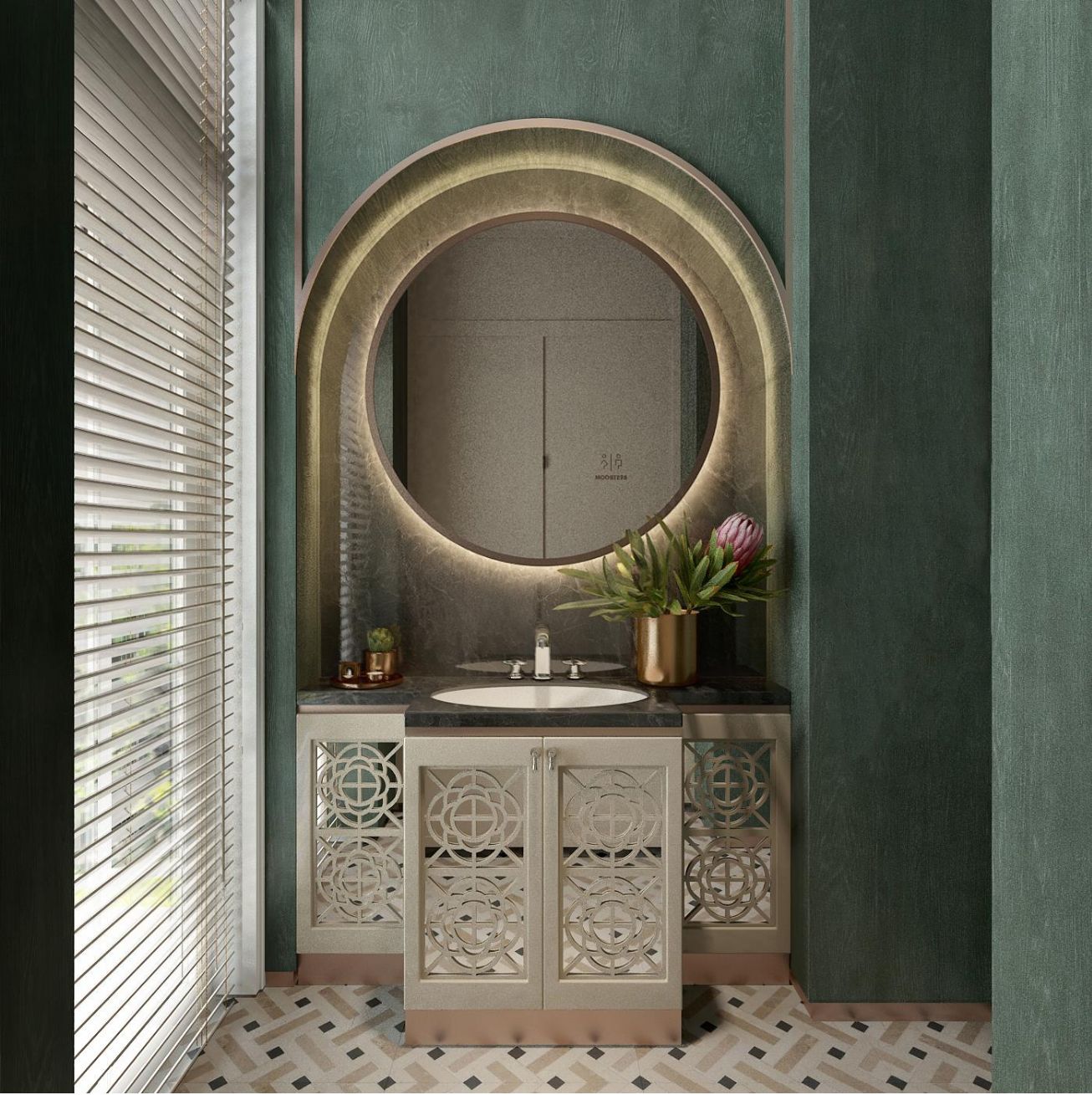 Un bany amb un mirall rodó, un lavabo i mobles decoratius.