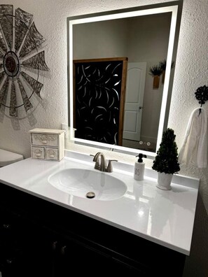 A bathroom with a white sink, a large mirror, a decorative wall piece, a small potted plant, and a white towel hanging on the wall. - Charming Buck’s Barn Rustic Retreat with Patio and Private Hot Tub Near Spring Creek in Fredericksburg, Texas (Fredericksburg)