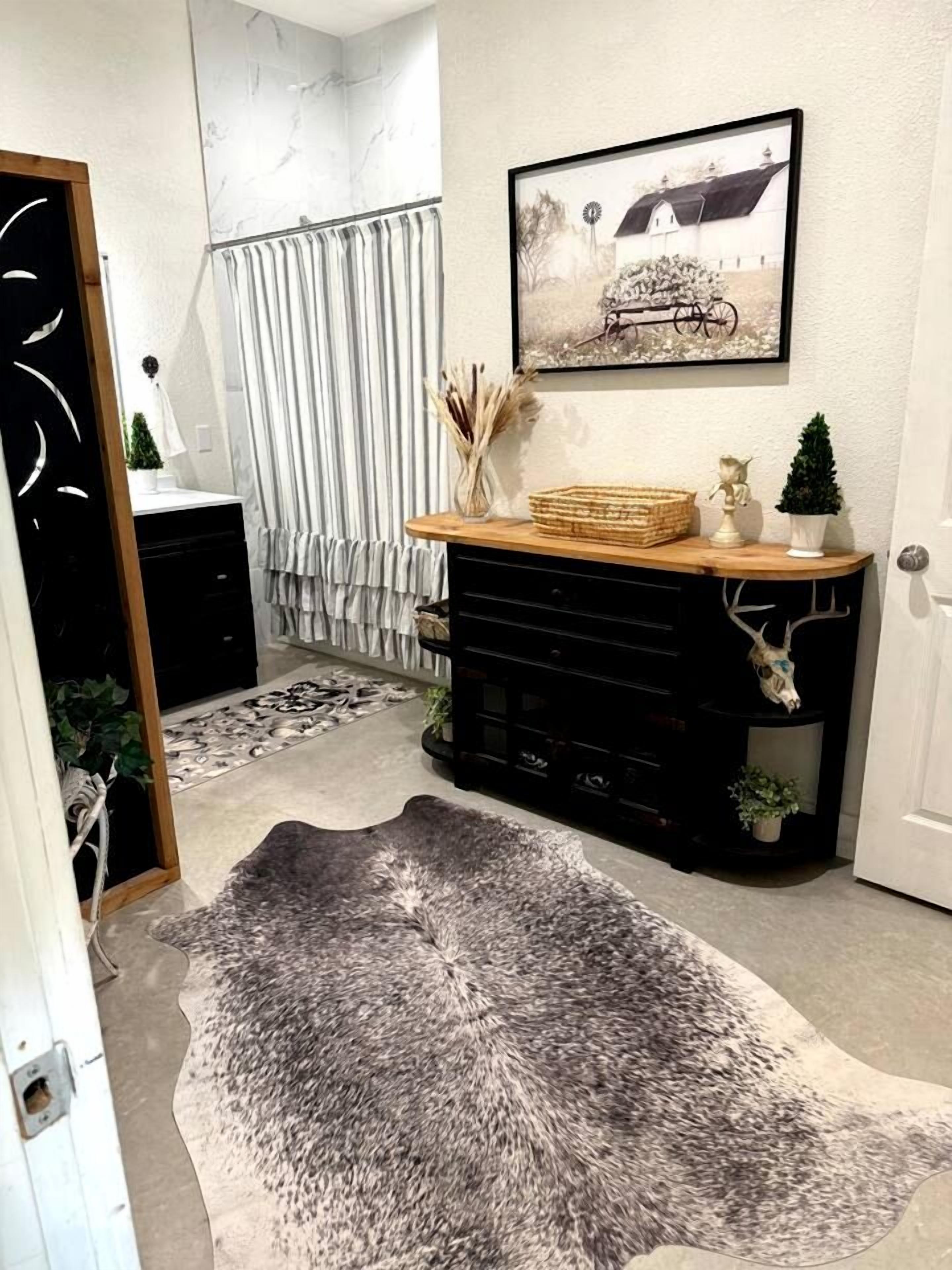 A room with a black console table, a framed picture on the wall, and a grey shag rug.