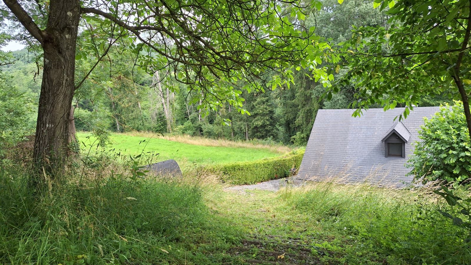 A house with a sloped roof, surrounded by lush greenery and a well-maintained lawn.
