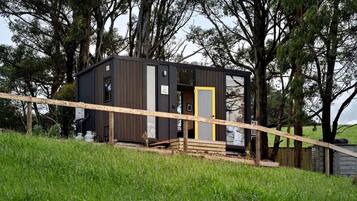 A small, dark-colored cabin with a yellow door, surrounded by trees and a grassy area.
