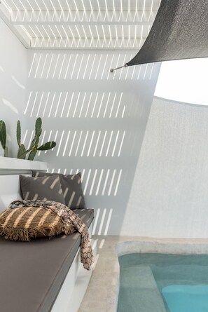 A modern outdoor seating area with a pool, white walls, and a cactus plant. - Saluti Da Stampalia (Astypalaia)