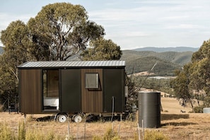 A small, dark-colored mobile home with a sliding door, a window, and a metal roof, situated in a grassy field with trees and hills in the background.