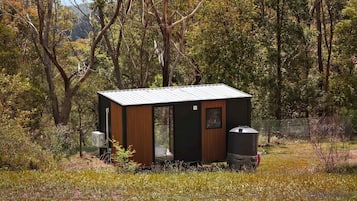 A small, single-story cabin with a metal roof, surrounded by dense trees and grass.