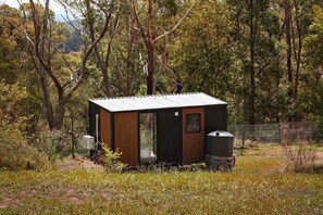 A small, single-story cabin with a metal roof, surrounded by dense trees and grass.