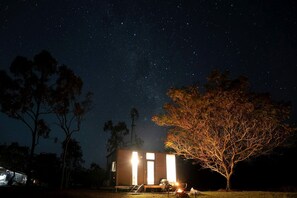 A small building with a visible door and windows, surrounded by trees and a starry night sky.