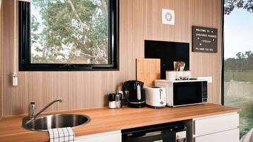 Een moderne keuken met een spoelbak, een broodrooster, een magnetron en een koffiezetapparaat.