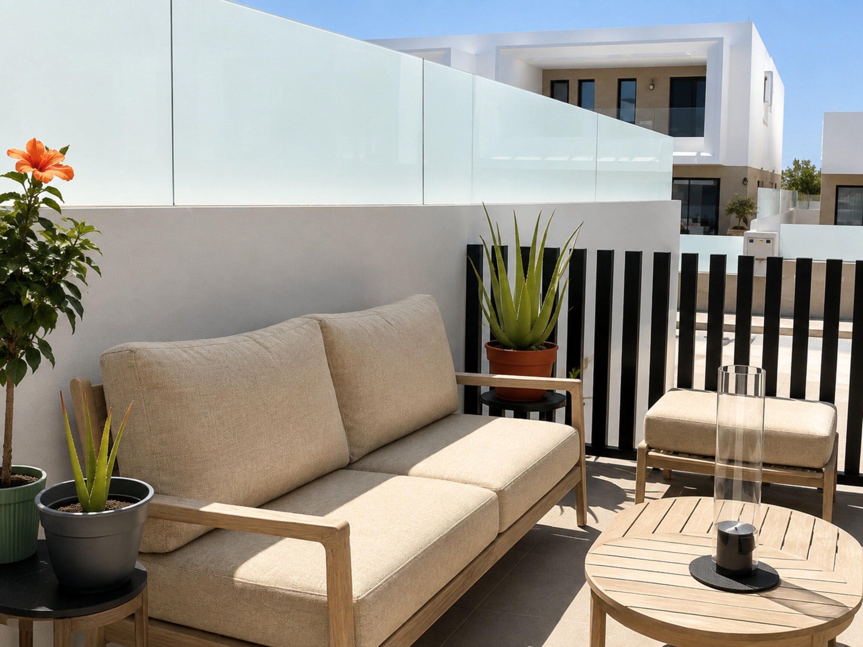 A modern outdoor seating area with a sofa and a round table, surrounded by potted plants.