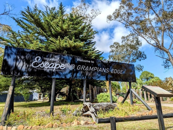 A welcome sign for Grampians Edge with a natural backdrop.
