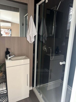 Een moderne badkamer met een douchecabine, een wastafel met zeepdispenser en een spiegel boven de wastafel.