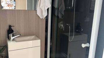 A modern bathroom with a glass-enclosed shower, a sink with a soap dispenser, and a mirror above the sink.