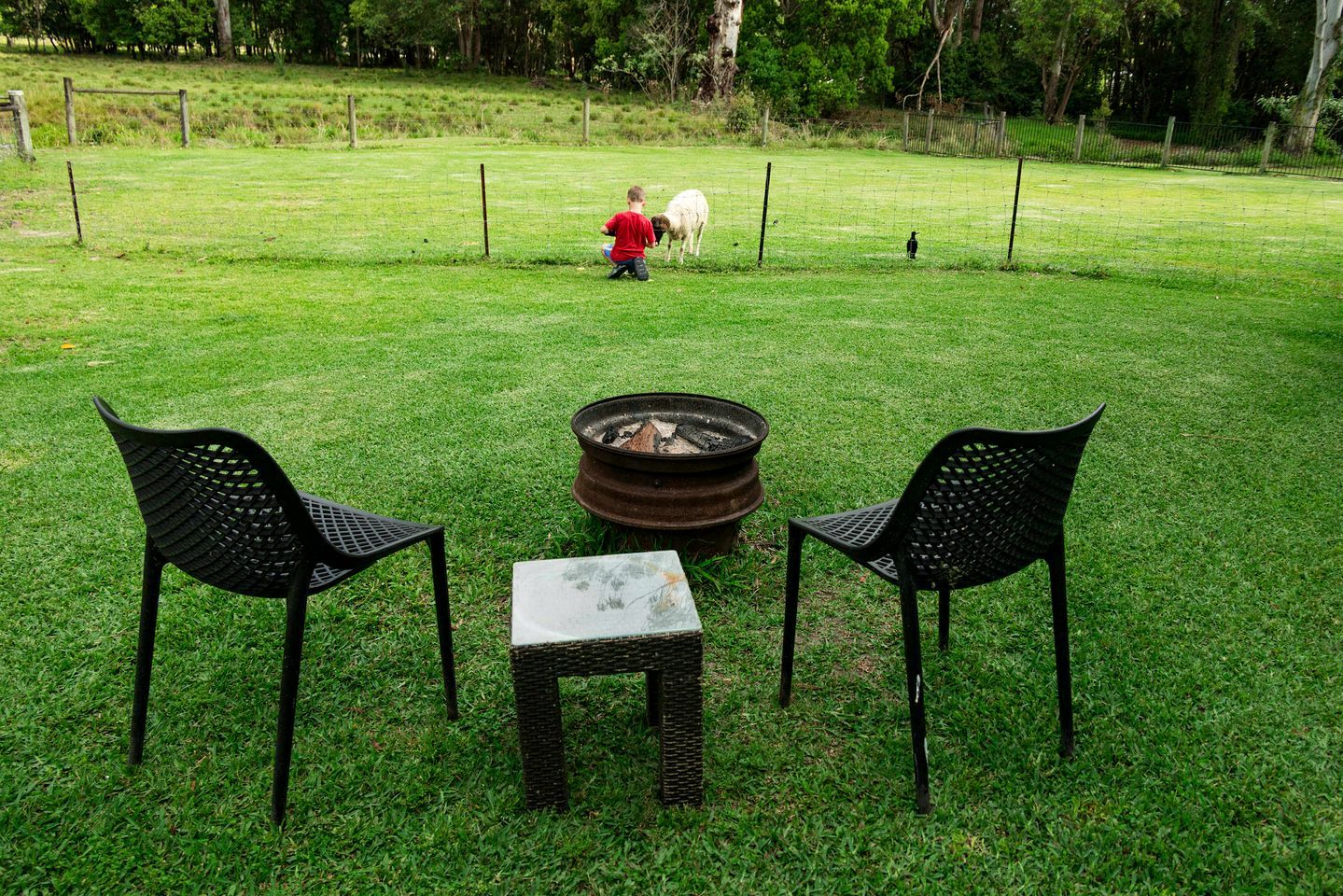 A grassy outdoor area with a fire pit, two chairs, and a table.