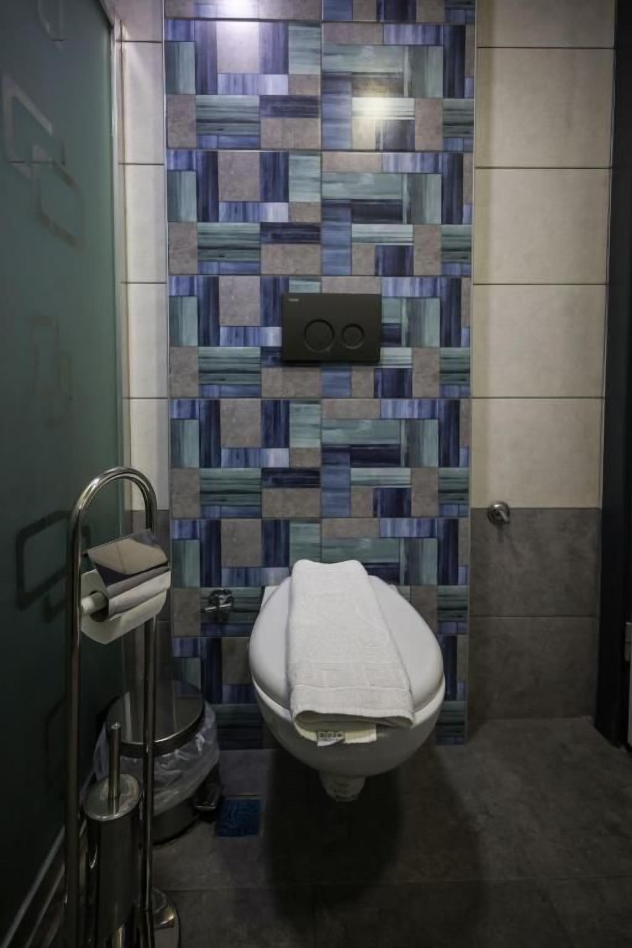 A bathroom with a tiled wall, a toilet, a handrail, and a trash bin.