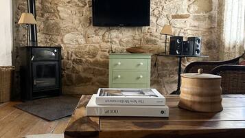 Une pièce chaleureuse avec un mur en pierre, une cheminée, une télévision et une table sur laquelle sont posés des livres et une lampe.