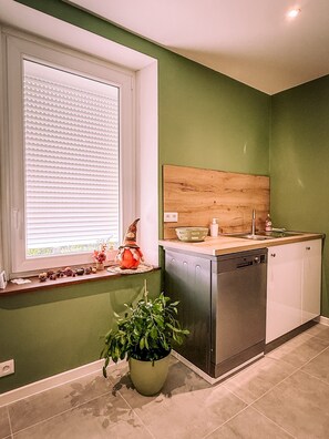 A kitchen with a window, a sink, a dishwasher, and a potted plant. - Family-Friendly Village House - LA PERLA (Éloyes)