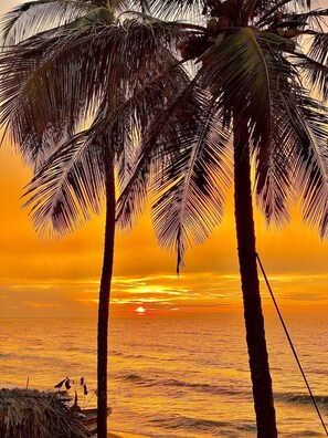 A sunset view with palm trees and a boat on the water. - RCH Luxury Hotel & Pool (Dibulla)