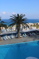 A swimming pool with lounge chairs and a palm tree, overlooking a coastal area.