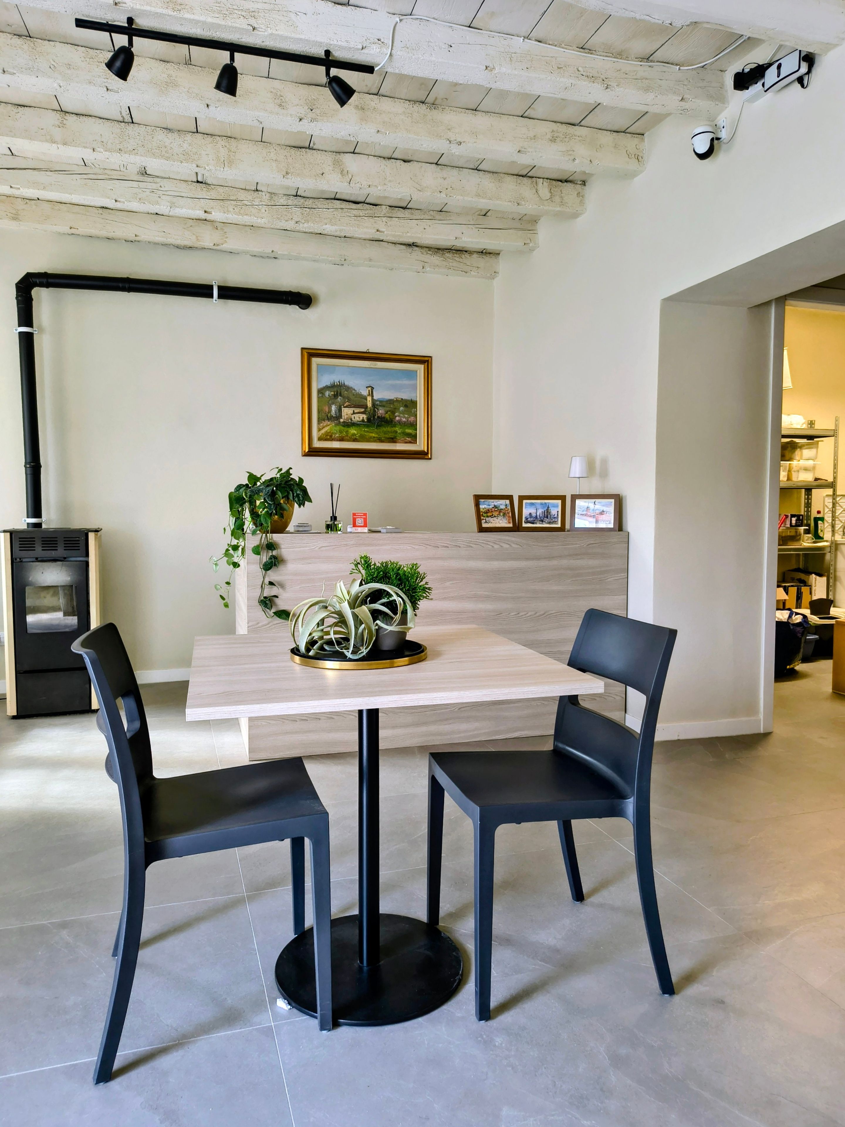 Zona pranzo moderna con tavolo, sedie e una pianta in vaso.