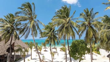 Praia com palmeiras e uma construção de palha.