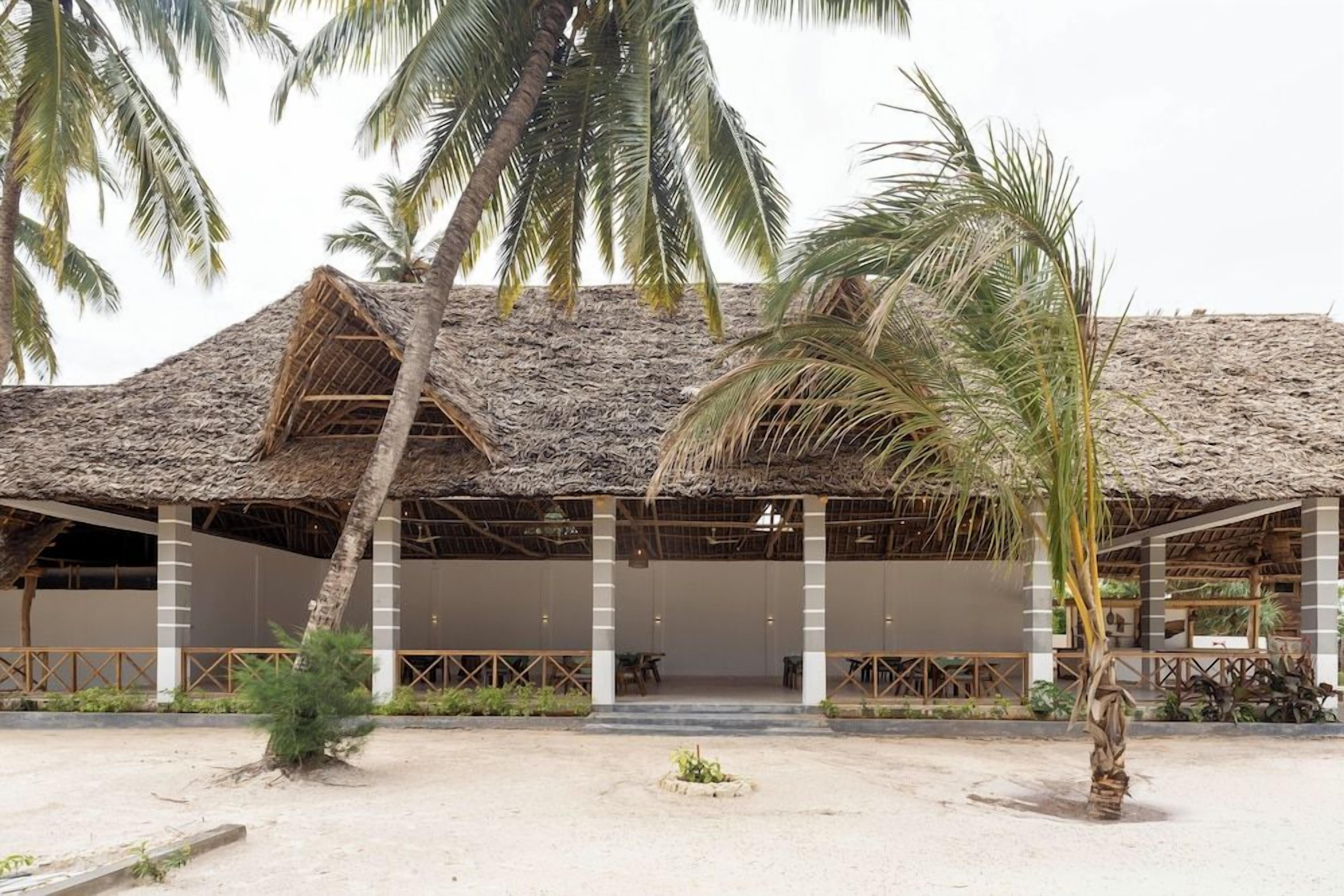 A beachside building with a thatched roof, covered outdoor seating, and palm trees.