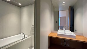 A modern bathroom with a bathtub, a sink, and a mirror. - Kamakura Seizan (Kamakura)