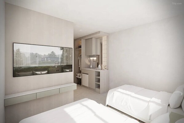 Un dormitorio moderno con una cama grande, una mesita de noche, un armario empotrado y un amplio ventanal con vistas.