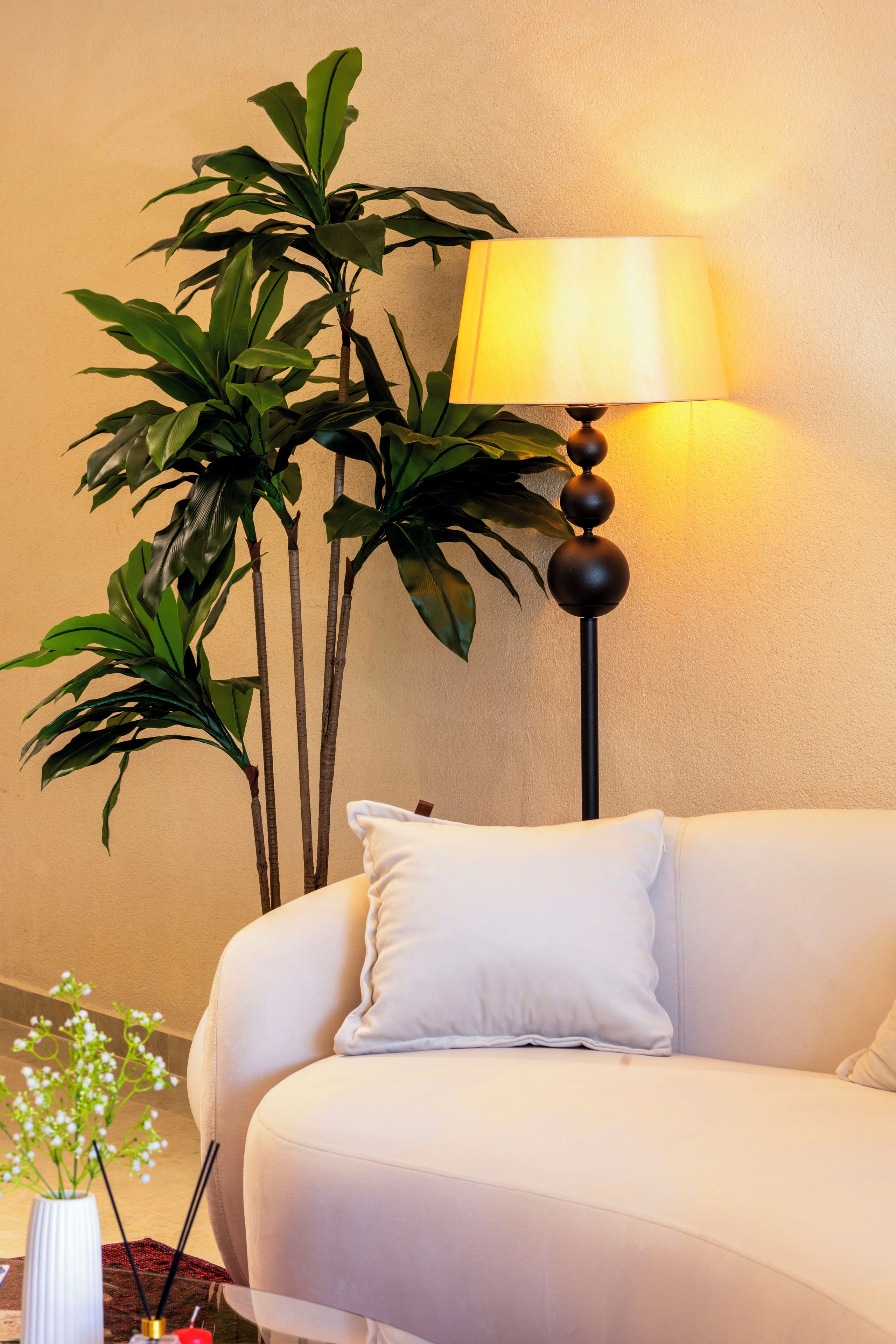 Una sala de estar con un sofá, una lámpara y una planta en maceta.