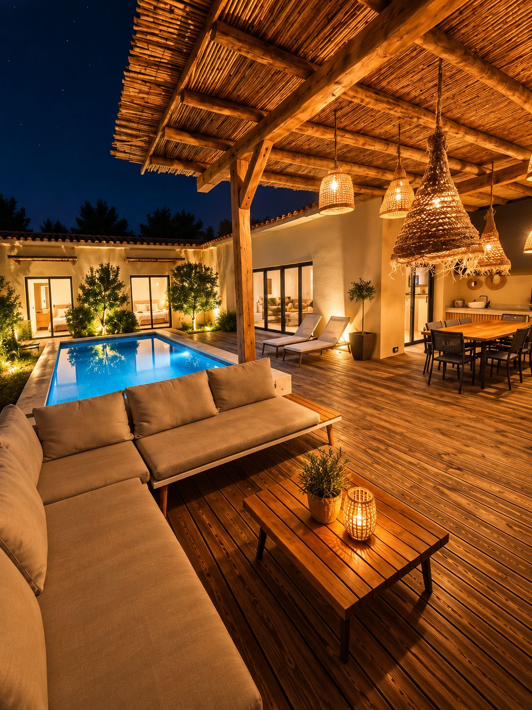 A poolside area with a wooden deck, a sofa, and a dining table.