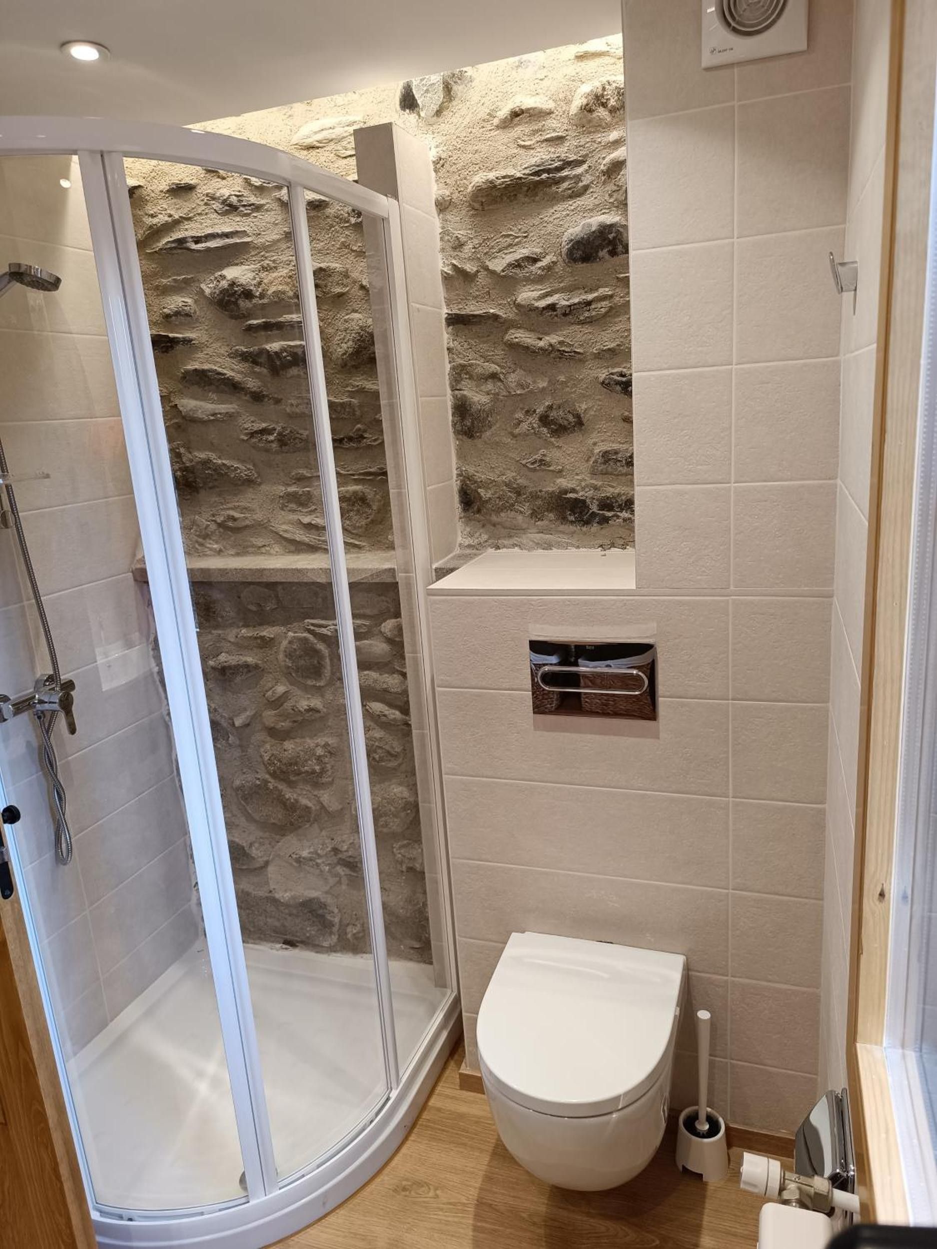 Une salle de bain avec une douche, des toilettes et une étagère intégrée.