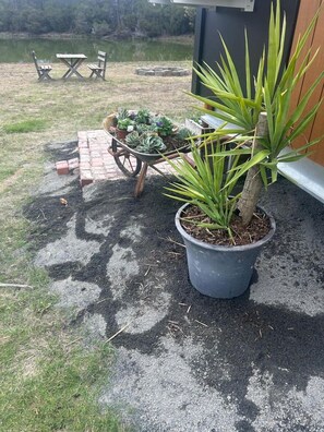 A potted plant with a tree trunk, a wheelbarrow with plants, and a brick table with chairs in a garden area.