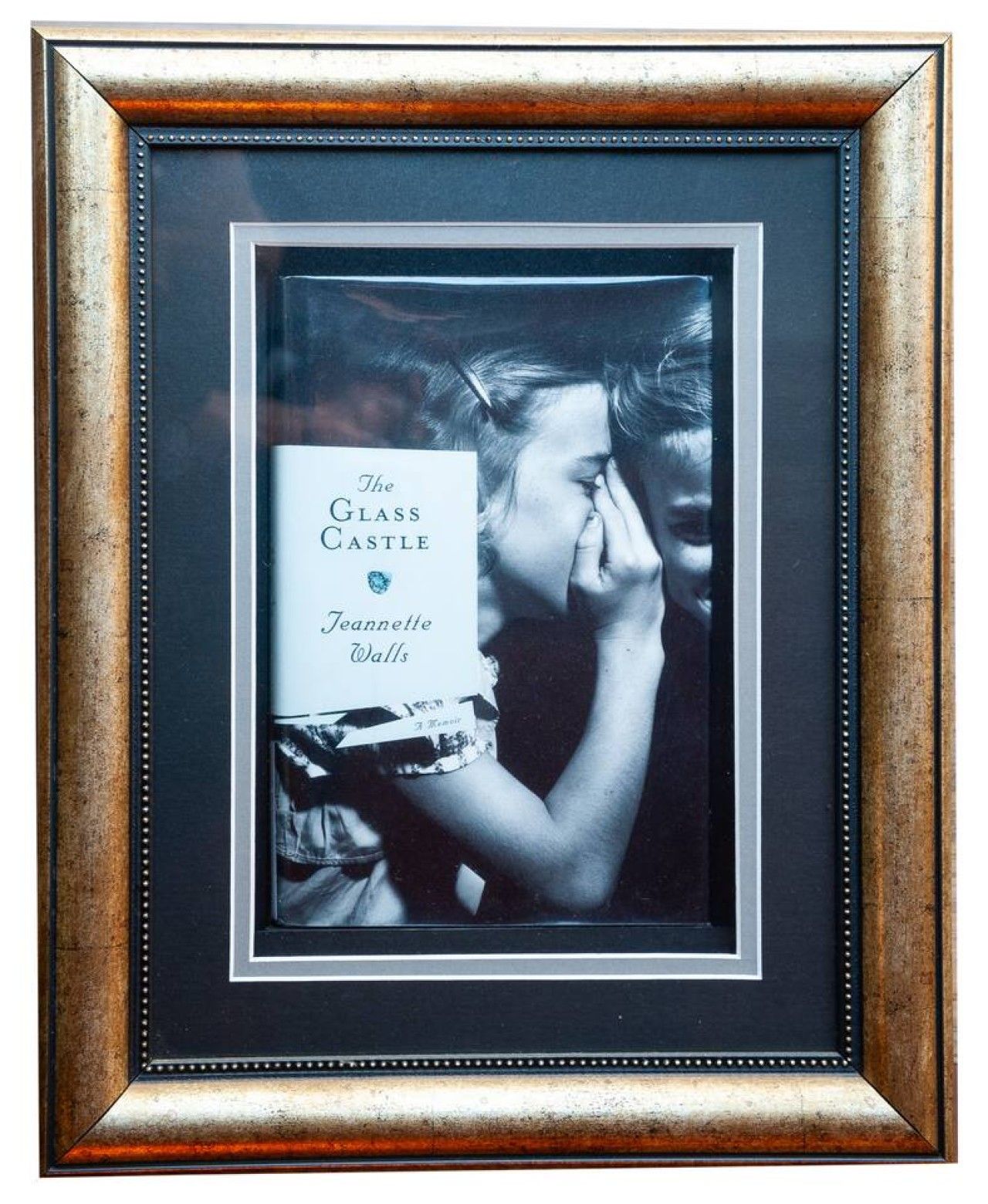 Een ingekaderde foto van een boek, met het gezicht van een persoon, de titel 'The Glass Castle' van Jeannette Walls, en een decoratieve lijst met een metallic afwerking.
