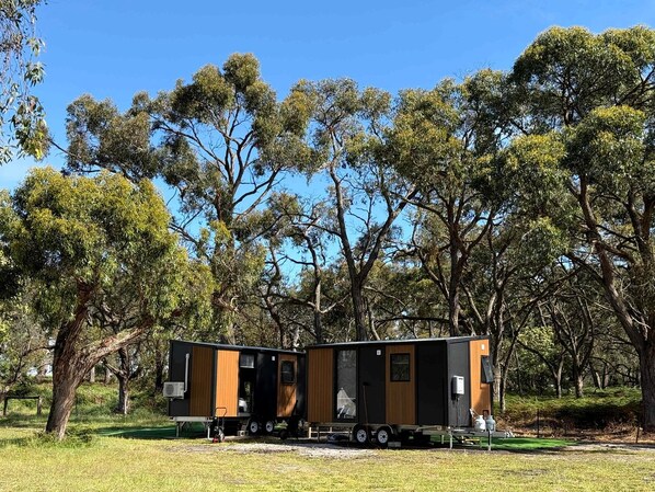 A modern, two-story mobile home with a flat roof, situated in a grassy area with trees in the background.