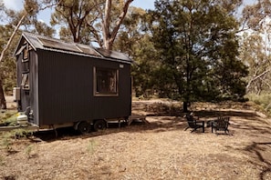 A small, dark-colored mobile home with a window and a door, parked on a dirt ground with trees in the background.