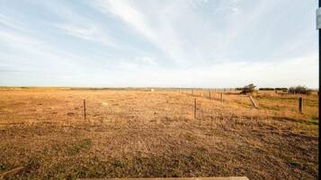 A flat, open field with a wooden deck in the foreground and a fence in the background.