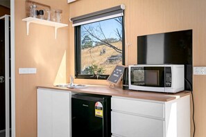 A compact kitchenette with a microwave, a small sink, and a window with a view of a dry landscape.