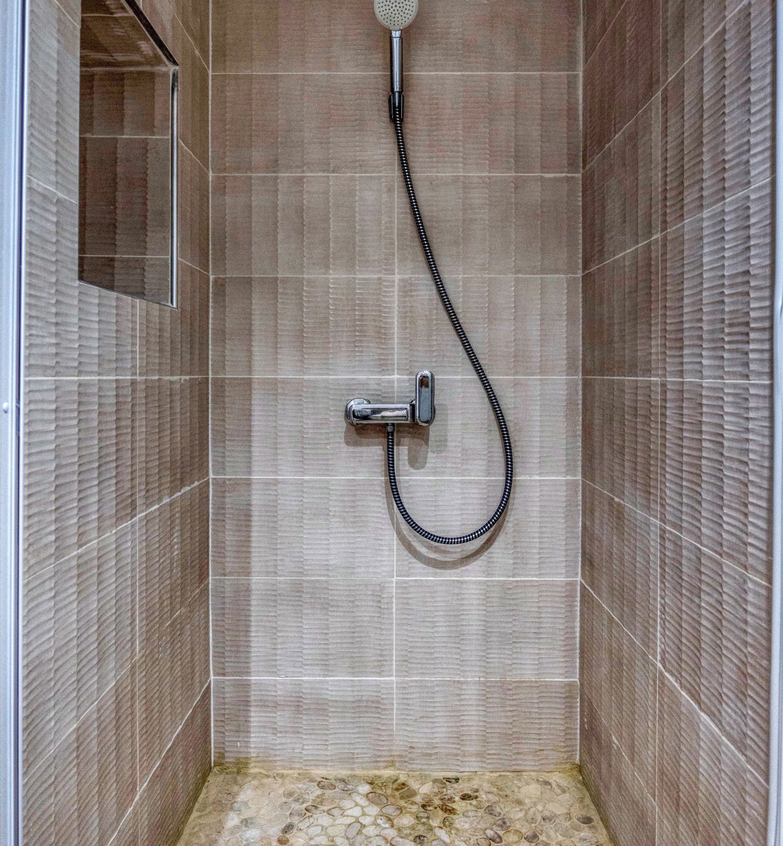 Une douche équipée d’un pommeau de douche à main et d’un flexible.