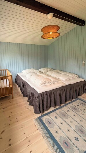 Een slaapkamer met een bed, een ledikantje, een kamerkleed met dessin en een hanglamp.